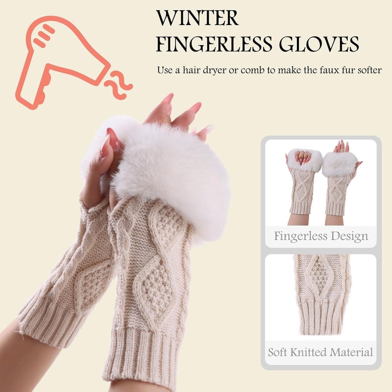 Pesaat Knit Arm Warmers Faux Fur Fingerless Gloves for Women Winter Wrist Warmers with Thumb Hole - Image 3